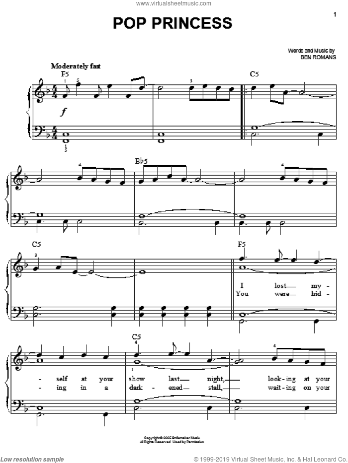 Pop Princess sheet music for piano solo by The Click Five, Hannah Montana and Ben Romans, easy skill level