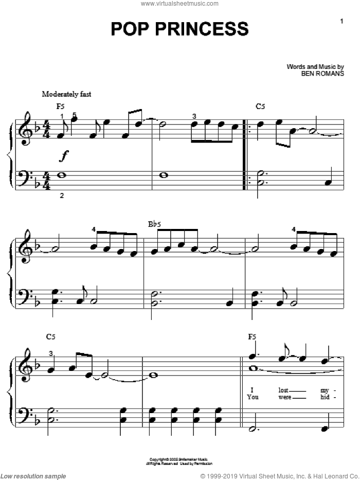 Pop Princess sheet music for piano solo (big note book) by The Click Five, Hannah Montana and Ben Romans, easy piano (big note book)