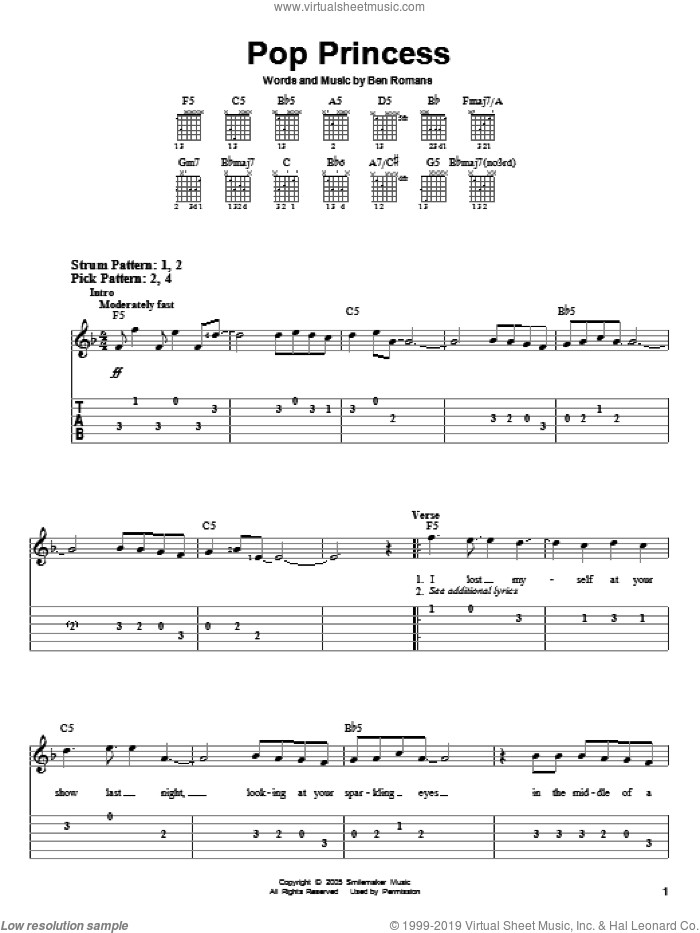 Pop Princess sheet music for guitar solo (easy tablature) by The Click Five, Hannah Montana and Ben Romans, easy guitar (easy tablature)