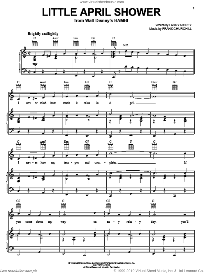 Little April Shower sheet music for voice, piano or guitar by Frank Churchill and Larry Morey, intermediate skill level