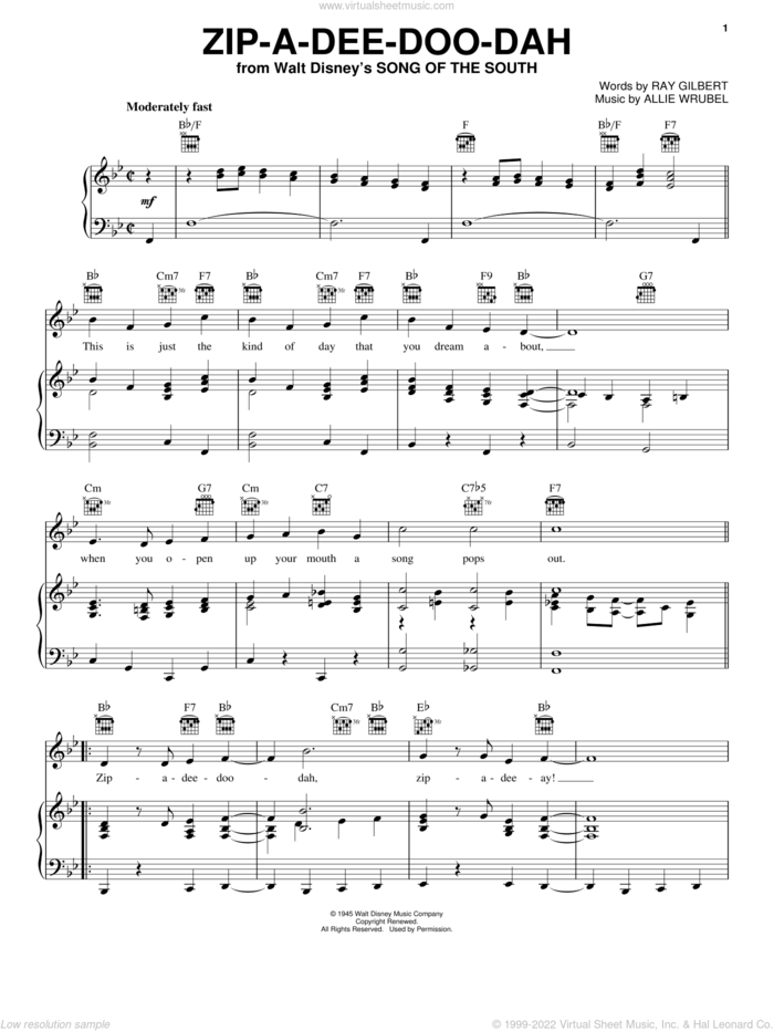 Zip-A-Dee-Doo-Dah sheet music for voice, piano or guitar by Ray Gilbert and Allie Wrubel, intermediate skill level