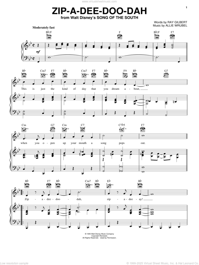 Zip-A-Dee-Doo-Dah (from Song Of The South) sheet music for voice, piano or guitar by Ray Gilbert, James Baskett and Allie Wrubel, intermediate skill level