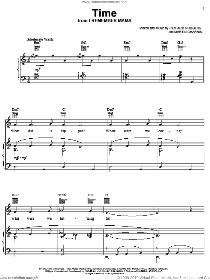 Time sheet music for voice, piano or guitar by Richard Rodgers and Martin Charnin, intermediate skill level