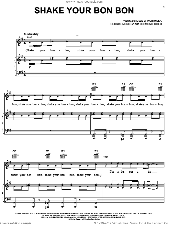 Shake Your Bon Bon sheet music for voice, piano or guitar by Ricky Martin, William Hung, Desmond Child, George Noriega and Robi Rosa, intermediate skill level