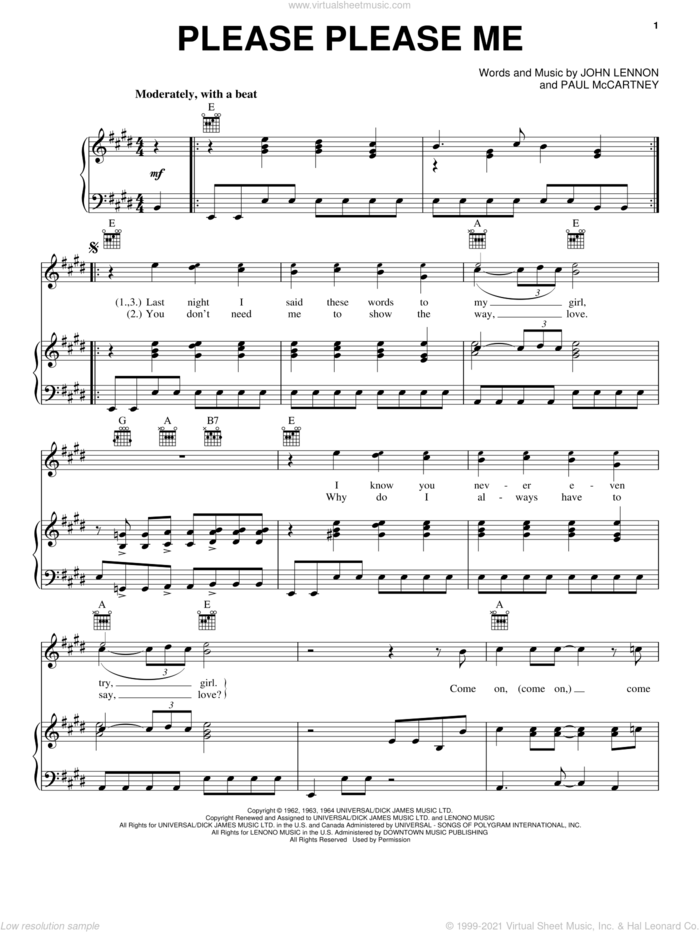 Please Please Me sheet music for voice, piano or guitar by The Beatles, John Lennon and Paul McCartney, intermediate skill level