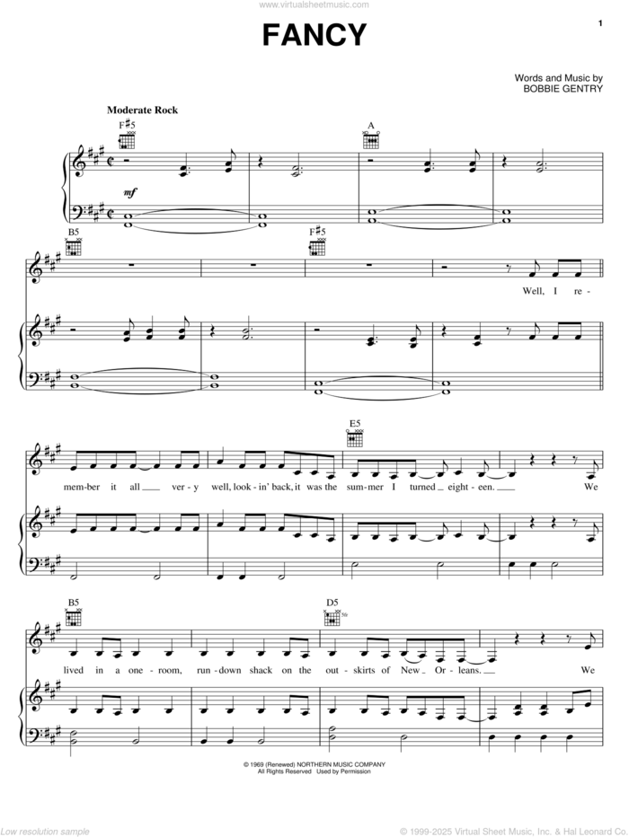 Fancy sheet music for voice, piano or guitar by Reba McEntire and Bobbie Gentry, intermediate skill level