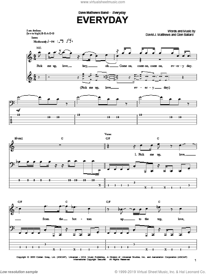 Everyday sheet music for bass (tablature) (bass guitar) by Dave Matthews Band and Glen Ballard, intermediate skill level