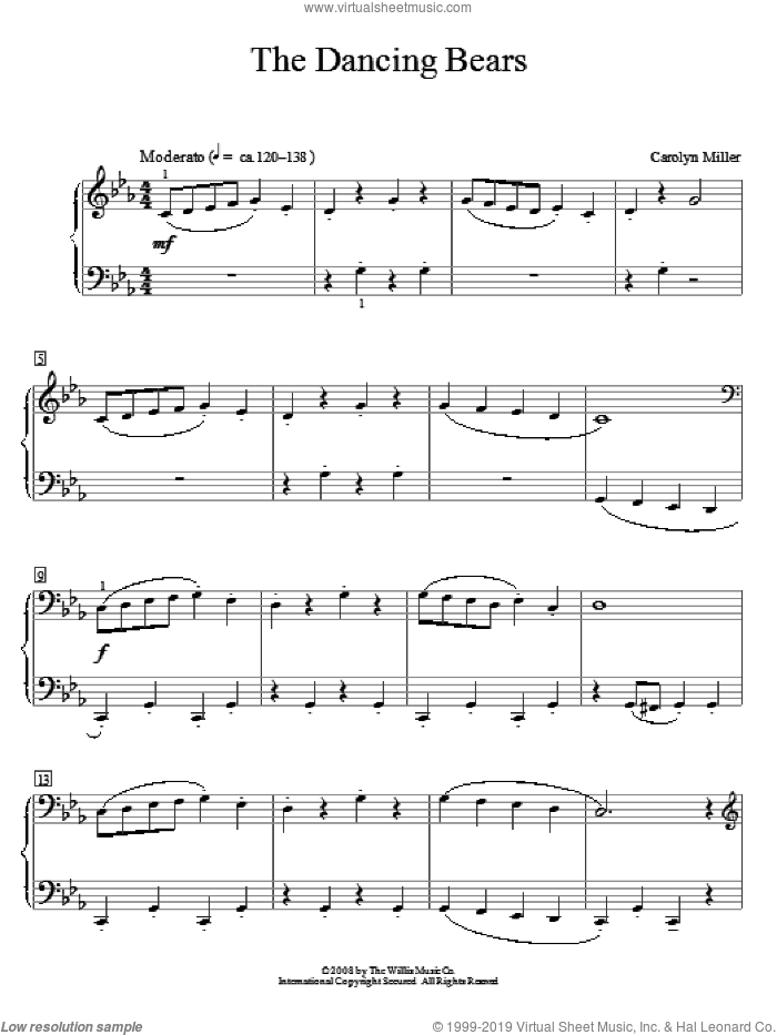 The Dancing Bears sheet music for piano solo (elementary) by Carolyn Miller, beginner piano (elementary)