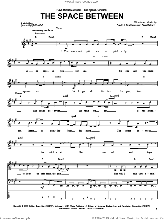 The Space Between sheet music for bass (tablature) (bass guitar) by Dave Matthews Band and Glen Ballard, intermediate skill level