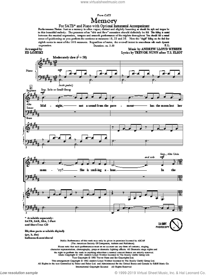 Memory (from Cats) (arr. Ed Lojeski) sheet music for choir (SATB: soprano, alto, tenor, bass) by Andrew Lloyd Webber, T.S. Eliot, Trevor Nunn and Ed Lojeski, intermediate skill level