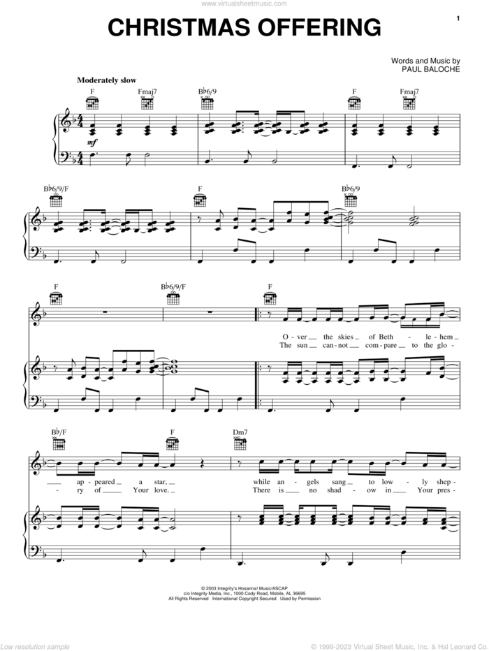 Christmas Offering sheet music for voice, piano or guitar by Casting Crowns and Paul Baloche, intermediate skill level