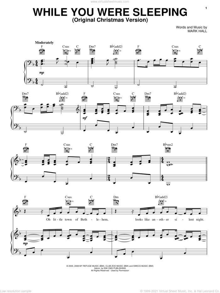 While You Were Sleeping (Original Christmas Version) sheet music for voice, piano or guitar by Casting Crowns and Mark Hall, intermediate skill level