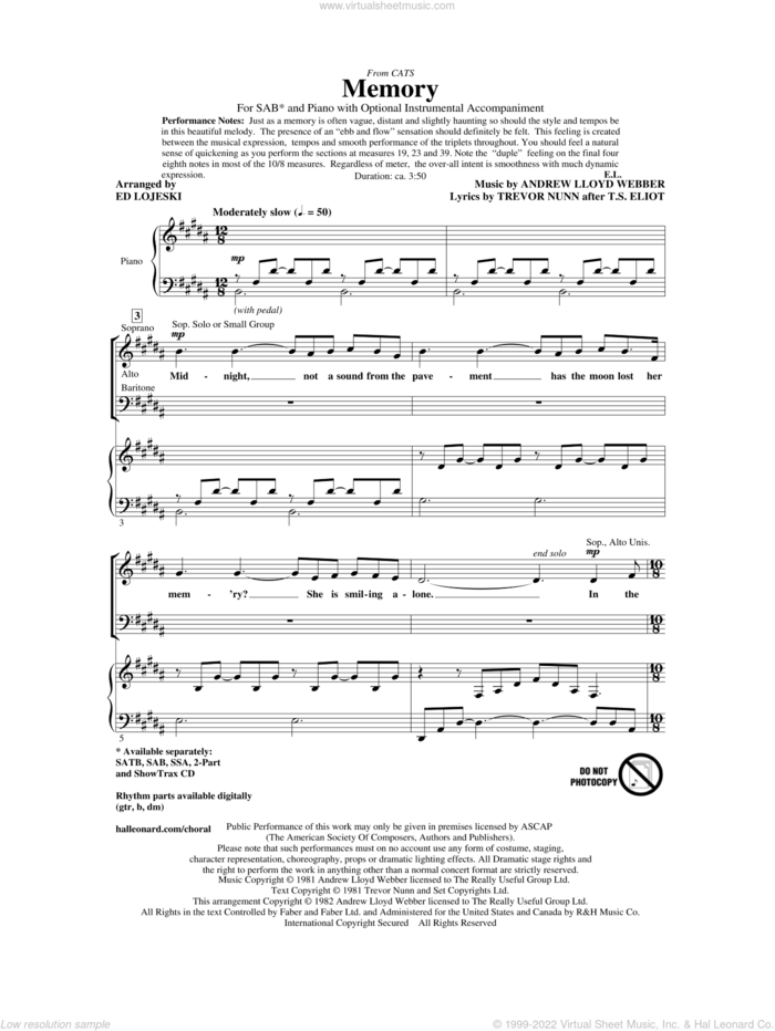 Memory (from Cats) (arr. Ed Lojeski) sheet music for choir (SAB: soprano, alto, bass) by Andrew Lloyd Webber, T.S. Eliot, Trevor Nunn and Ed Lojeski, intermediate skill level