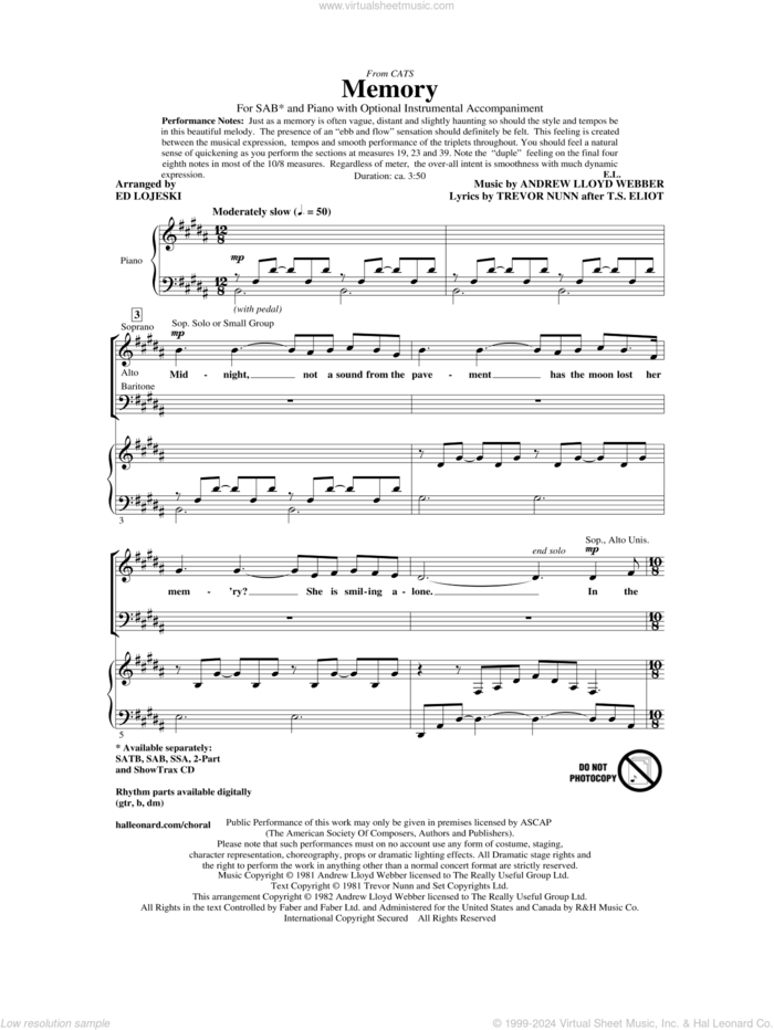 Memory (from Cats) (arr. Ed Lojeski) sheet music for choir (SAB: soprano, alto, bass) by Andrew Lloyd Webber, T.S. Eliot, Trevor Nunn and Ed Lojeski, intermediate skill level