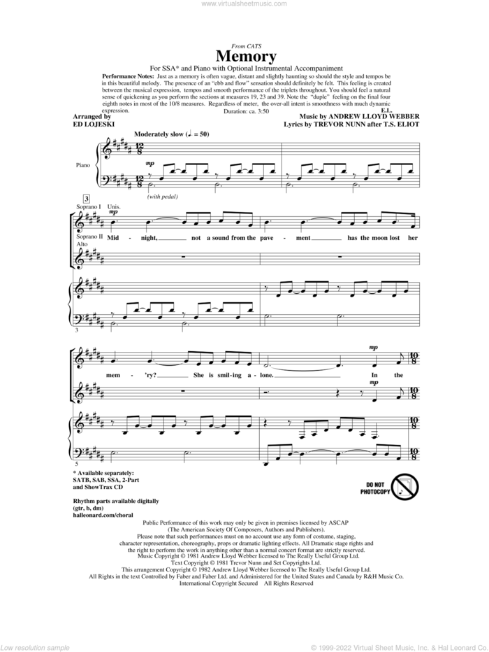 Memory (from Cats) (arr. Ed Lojeski) sheet music for choir (SSA: soprano, alto) by Andrew Lloyd Webber, T.S. Eliot, Trevor Nunn and Ed Lojeski, intermediate skill level