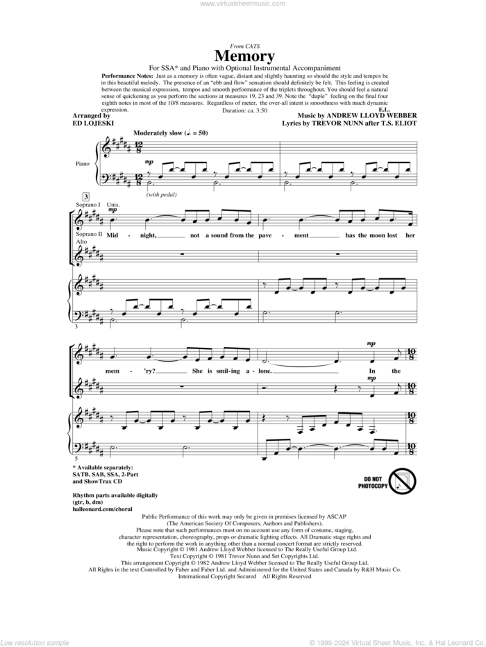 Memory (from Cats) (arr. Ed Lojeski) sheet music for choir (SSA: soprano, alto) by Andrew Lloyd Webber, T.S. Eliot, Trevor Nunn and Ed Lojeski, intermediate skill level