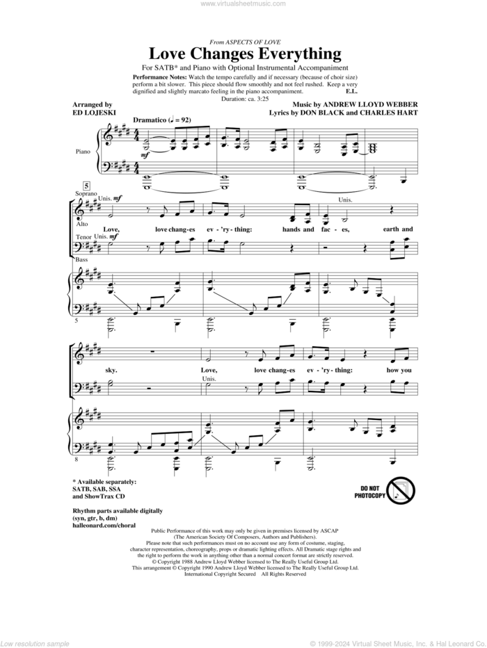 Love Changes Everything (from Aspects Of Love) (arr. Ed Lojeski) sheet music for choir (SATB: soprano, alto, tenor, bass) by Andrew Lloyd Webber, Charles Hart, Don Black and Ed Lojeski, intermediate skill level