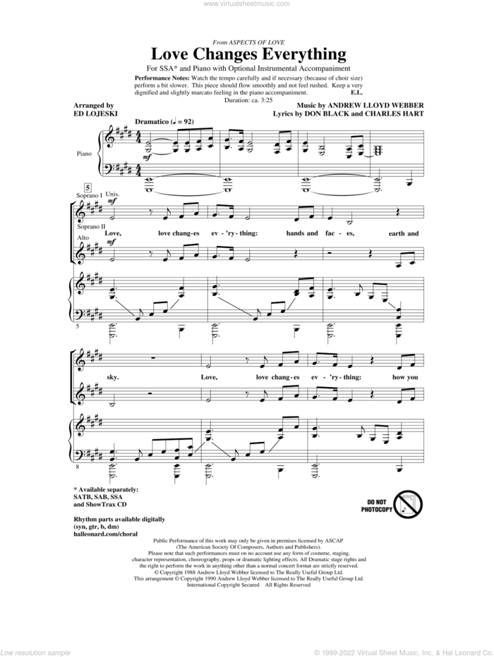 Love Changes Everything (from Aspects Of Love) (arr. Ed Lojeski) sheet music for choir (SSA: soprano, alto) by Andrew Lloyd Webber, Charles Hart, Don Black and Ed Lojeski, intermediate skill level