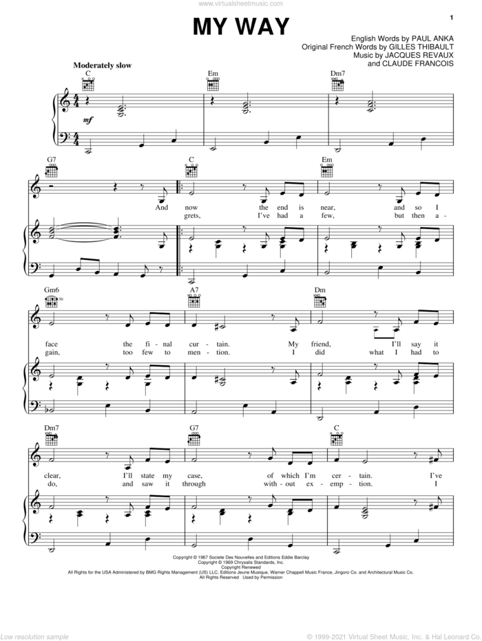 My Way sheet music for voice, piano or guitar by Paul Anka, Elvis Presley, Frank Sinatra, Gilles Thibault and Jacques Revaux, intermediate skill level