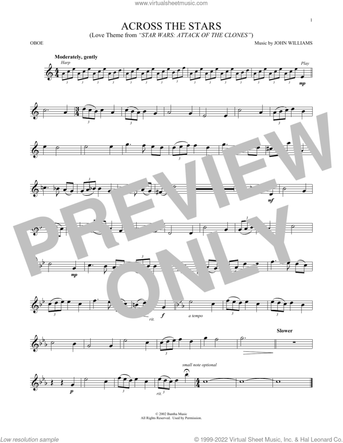 Across The Stars (from Star Wars: Attack Of The Clones) sheet music for oboe solo by John Williams, intermediate skill level