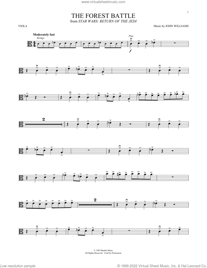 The Forest Battle (from Star Wars: Return Of The Jedi) sheet music for viola solo by John Williams, intermediate skill level