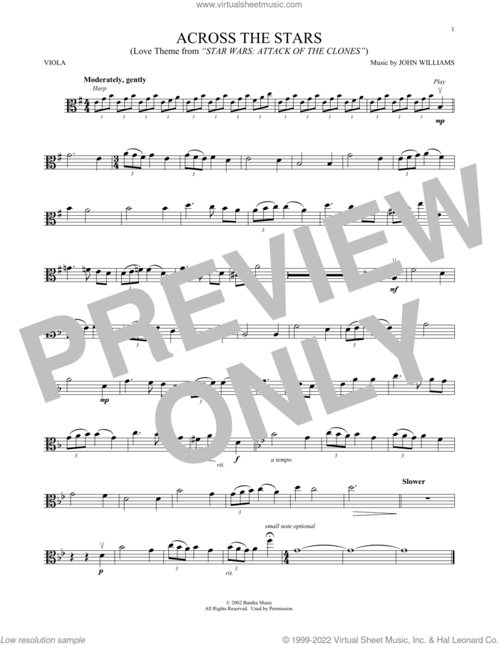Across The Stars (from Star Wars: Attack Of The Clones) sheet music for viola solo by John Williams, intermediate skill level