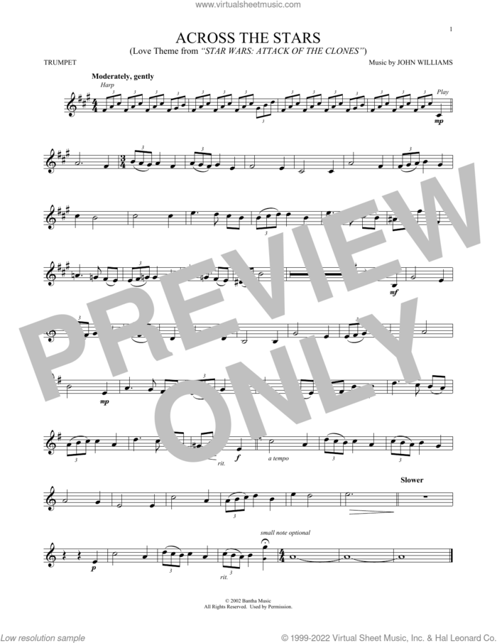 Across The Stars (from Star Wars: Attack Of The Clones) sheet music for trumpet solo by John Williams, intermediate skill level