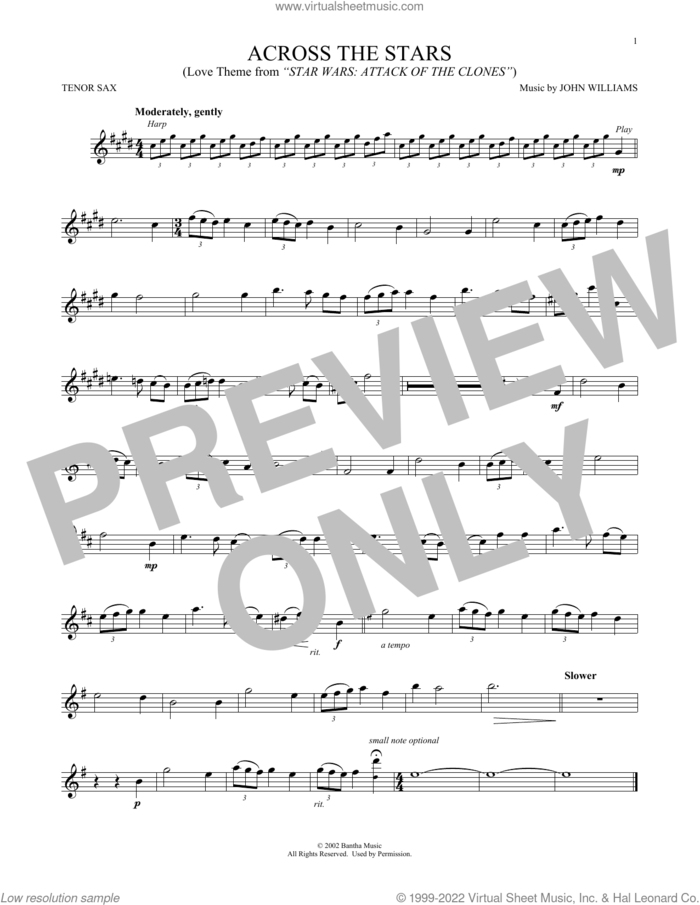 Across The Stars (from Star Wars: Attack Of The Clones) sheet music for tenor saxophone solo by John Williams, intermediate skill level