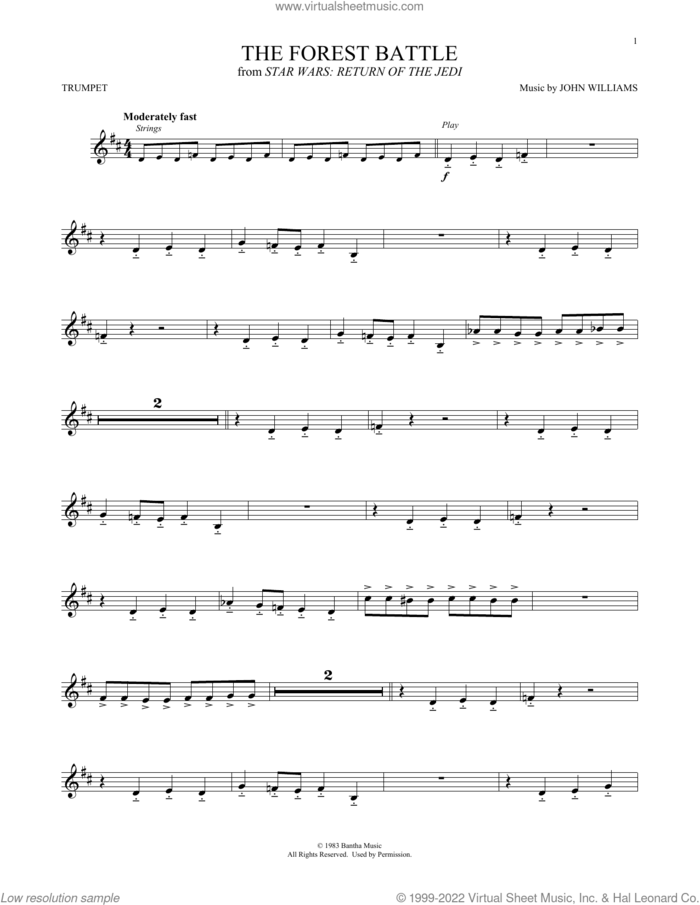 The Forest Battle (from Star Wars: Return Of The Jedi) sheet music for trumpet solo by John Williams, intermediate skill level