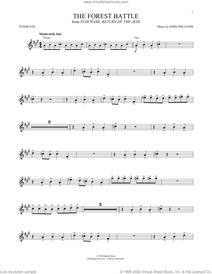 The Forest Battle (from Star Wars: Return Of The Jedi) sheet music for tenor saxophone solo by John Williams, intermediate skill level