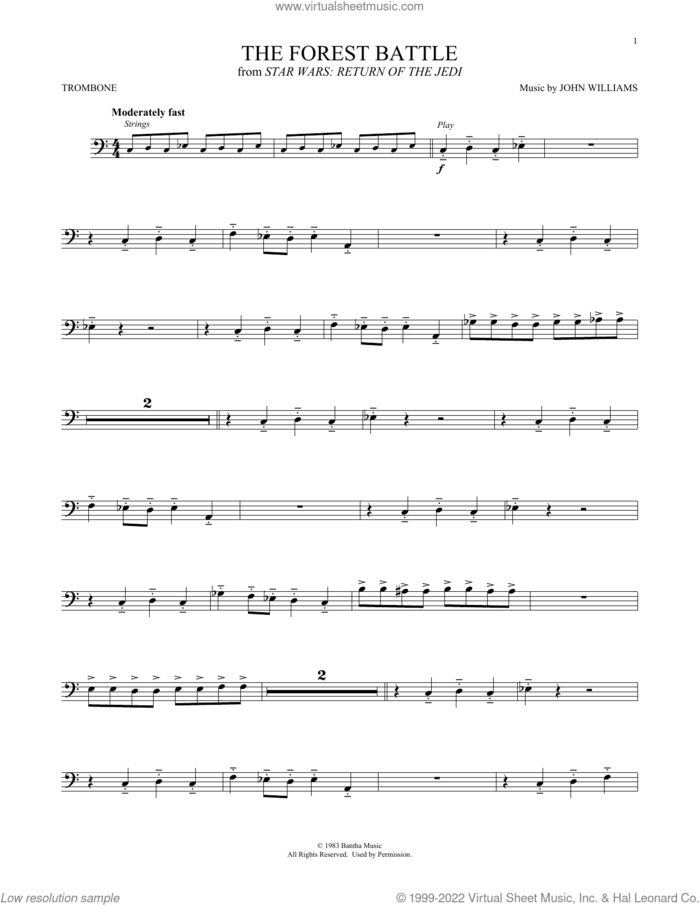 The Forest Battle (from Star Wars: Return Of The Jedi) sheet music for trombone solo by John Williams, intermediate skill level