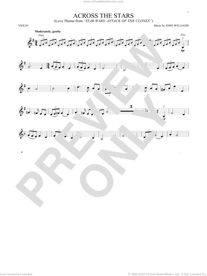 Across The Stars (from Star Wars: Attack Of The Clones) sheet music for violin solo by John Williams, intermediate skill level