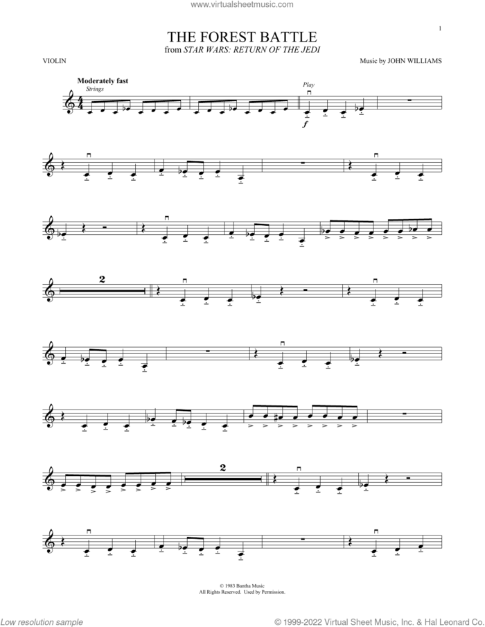 The Forest Battle (from Star Wars: Return Of The Jedi) sheet music for violin solo by John Williams, intermediate skill level