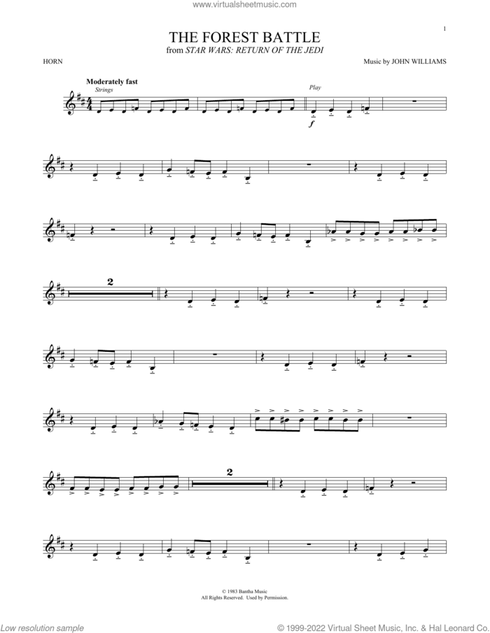 The Forest Battle (from Star Wars: Return Of The Jedi) sheet music for horn solo by John Williams, intermediate skill level