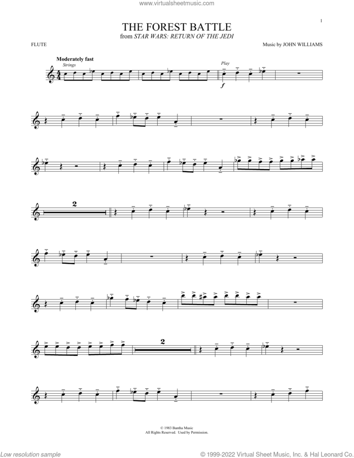 The Forest Battle (from Star Wars: Return Of The Jedi) sheet music for flute solo by John Williams, intermediate skill level