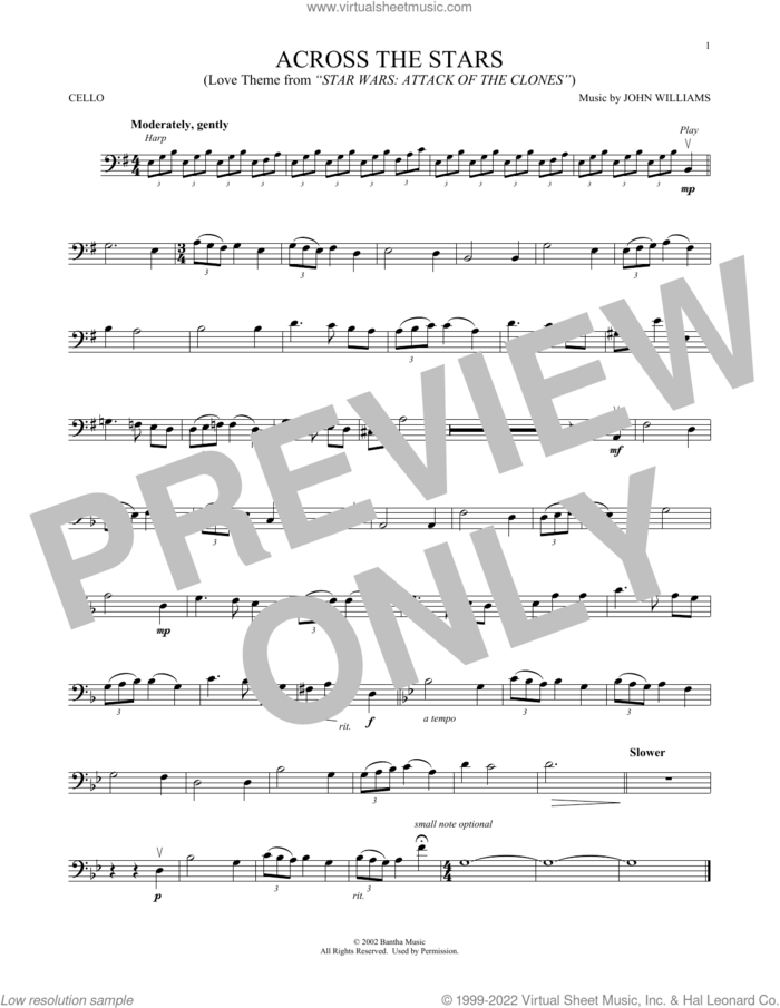 Across The Stars (from Star Wars: Attack Of The Clones) sheet music for cello solo by John Williams, intermediate skill level