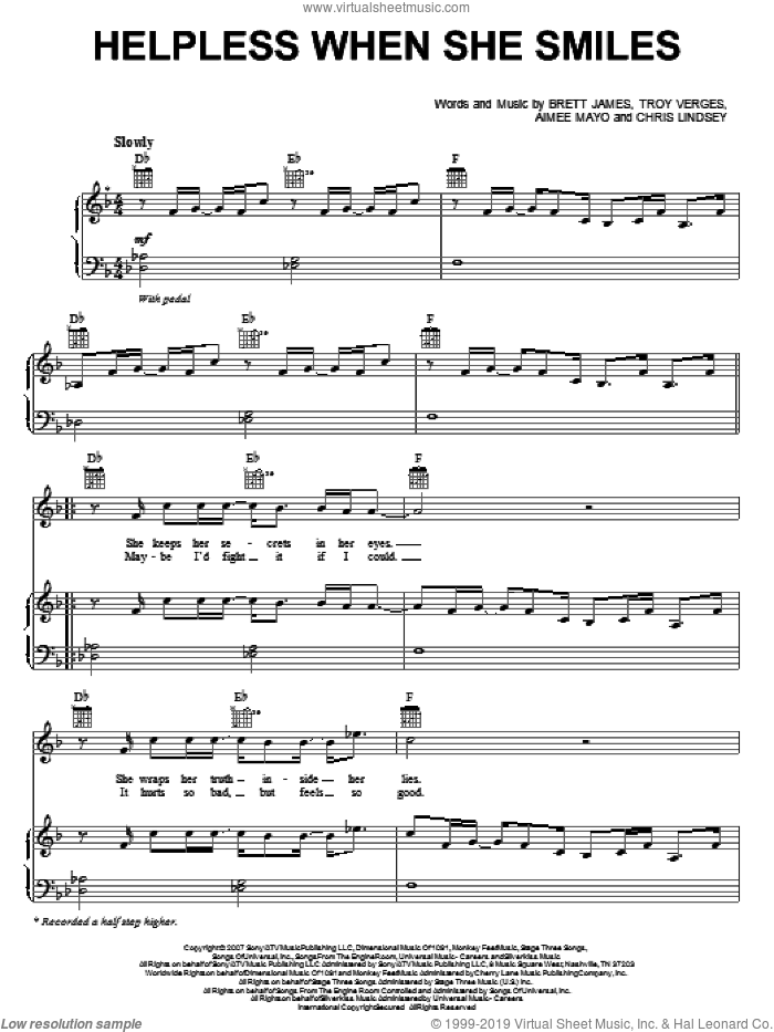 Helpless When She Smiles sheet music for voice, piano or guitar by Backstreet Boys, Aimee Mayo, Brett James, Chris Lindsey and Troy Verges, intermediate skill level
