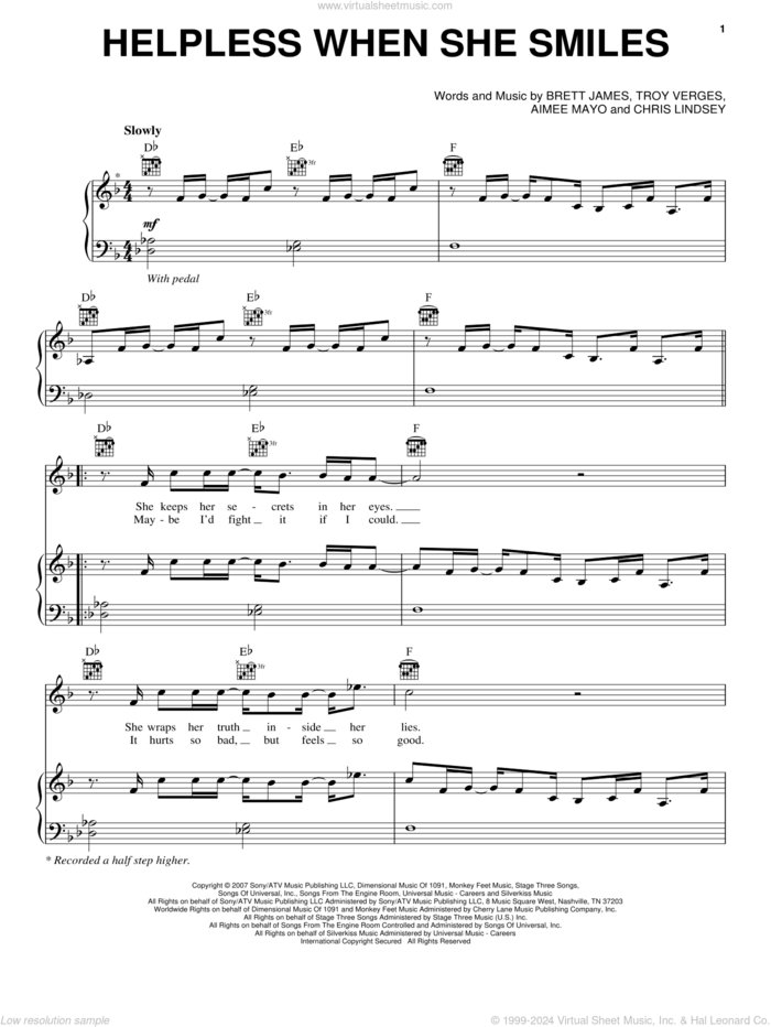 Helpless When She Smiles sheet music for voice, piano or guitar by Backstreet Boys, Aimee Mayo, Brett James, Chris Lindsey and Troy Verges, intermediate skill level