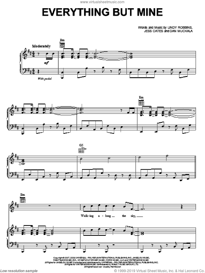 Everything But Mine sheet music for voice, piano or guitar by Backstreet Boys, Dan Muckala, Jess Cates and Lindy Robbins, intermediate skill level