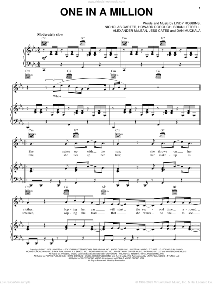 One In A Million sheet music for voice, piano or guitar by Backstreet Boys, Alexander McLean, Brian Littrell, Dan Muckala, Howard Dorough, Jess Cates, Lindy Robbins and Nicholas Carter, intermediate skill level