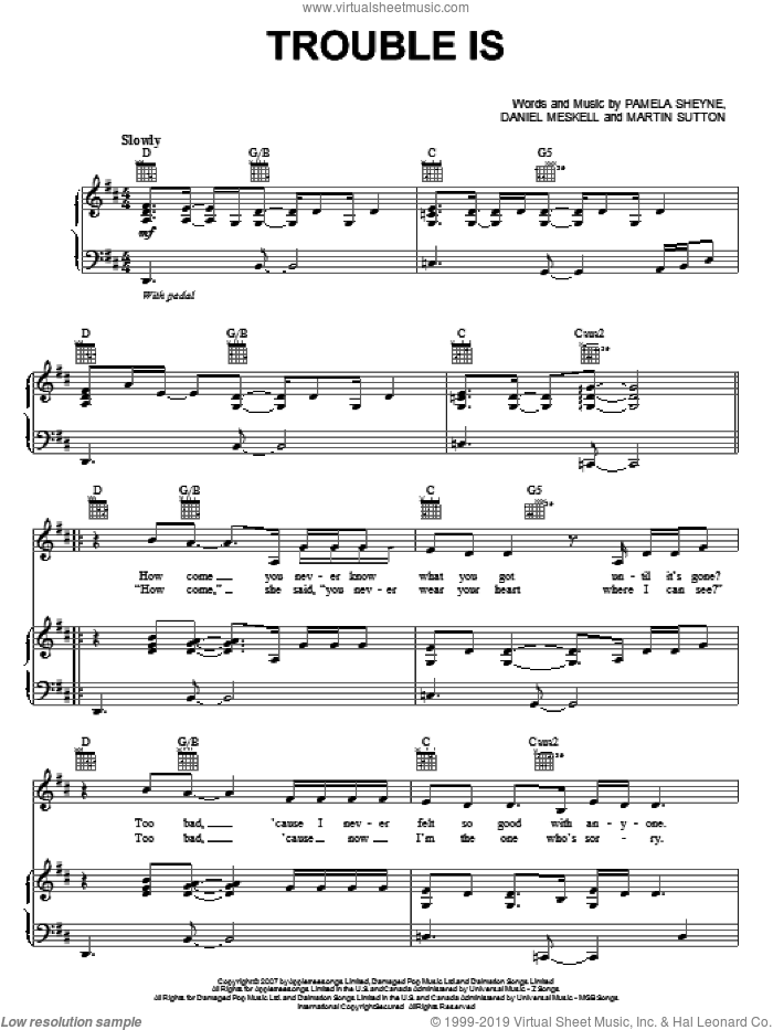 Trouble Is sheet music for voice, piano or guitar by Backstreet Boys, Daniel Meskell, Martin Sutton and Pam Sheyne, intermediate skill level