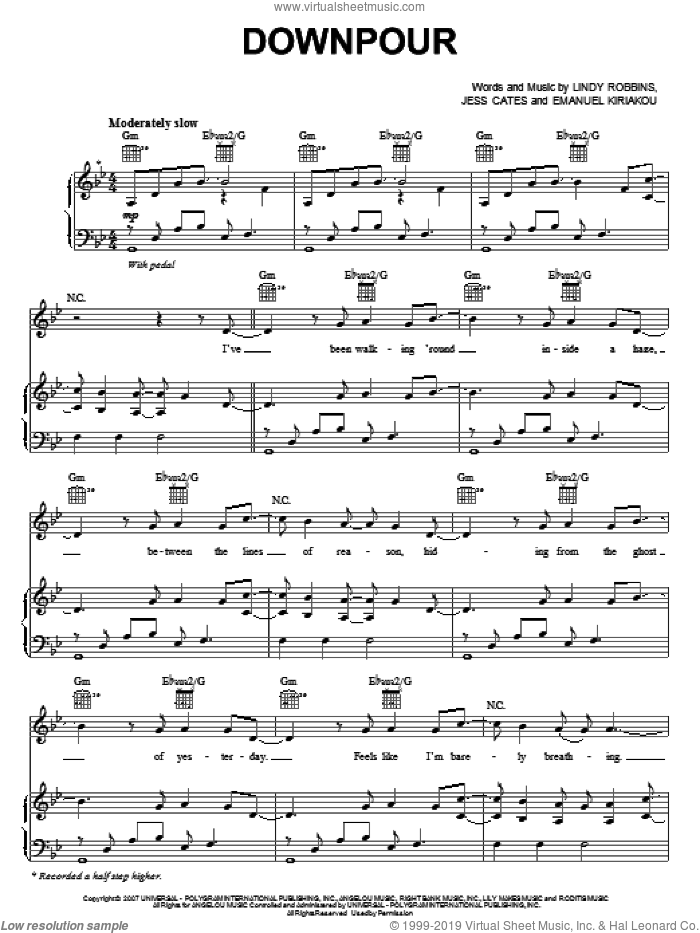 Downpour sheet music for voice, piano or guitar by Backstreet Boys, Emanuel Kiriakou, Jess Cates and Lindy Robbins, intermediate skill level