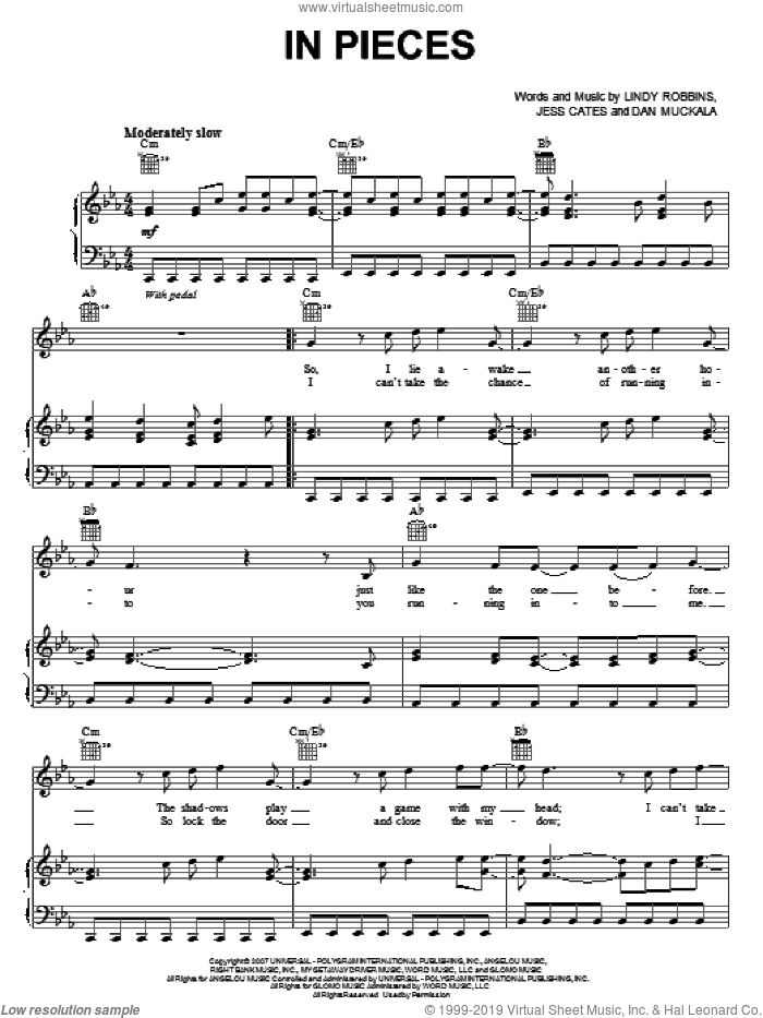 In Pieces sheet music for voice, piano or guitar by Backstreet Boys, Dan Muckala, Jess Cates and Lindy Robbins, intermediate skill level