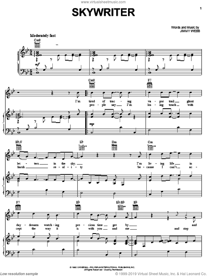 Skywriter sheet music for voice, piano or guitar by Michael Feinstein and Jimmy Webb, intermediate skill level