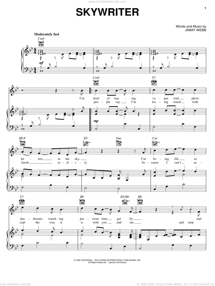 Skywriter sheet music for voice, piano or guitar by Michael Feinstein and Jimmy Webb, intermediate skill level