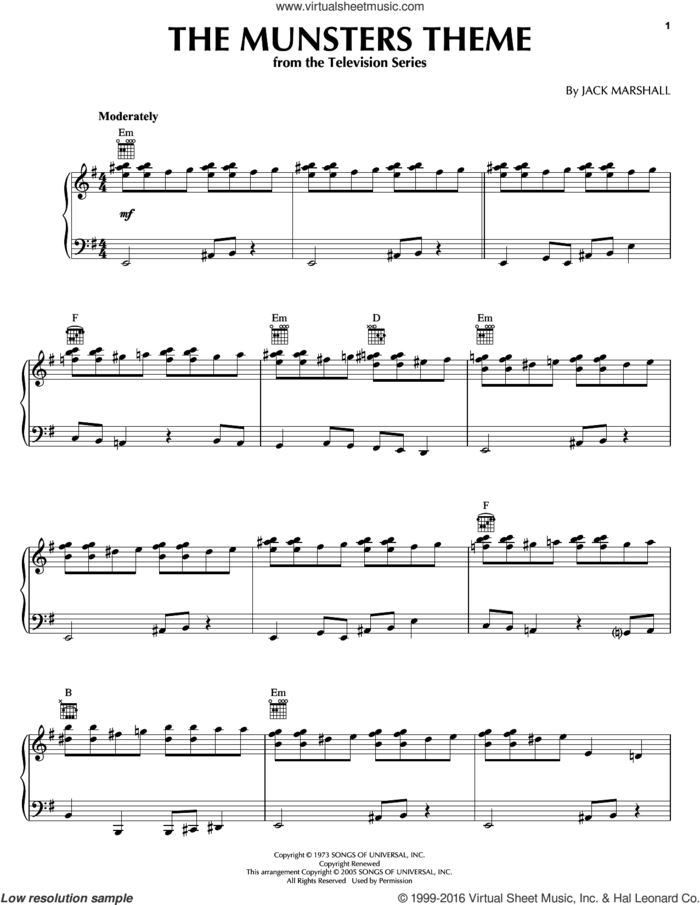 The Munsters Theme, (intermediate) sheet music for piano solo by Jack Marshall, intermediate skill level