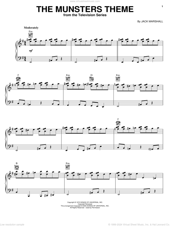 The Munsters Theme, (intermediate) sheet music for piano solo by Jack Marshall, intermediate skill level