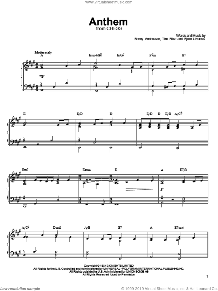 Anthem sheet music for voice, piano or guitar by Linda Eder, Benny Andersson, Bjorn Ulvaeus and Tim Rice, intermediate skill level