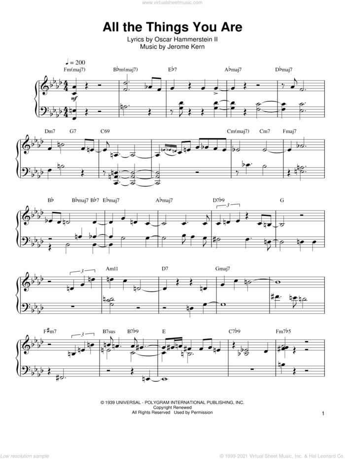All The Things You Are sheet music for piano solo (transcription) by Kenny Werner, Jerome Kern and Oscar II Hammerstein, wedding score, intermediate piano (transcription)