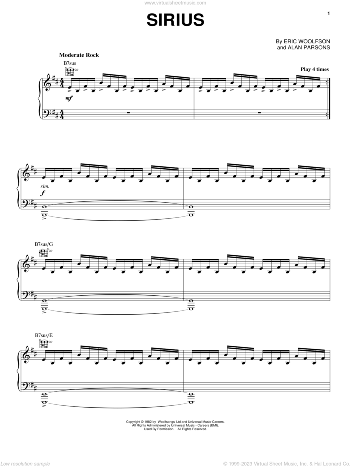 Sirius sheet music for voice, piano or guitar by Alan Parsons Project, Alan Parsons and Eric Woolfson, intermediate skill level